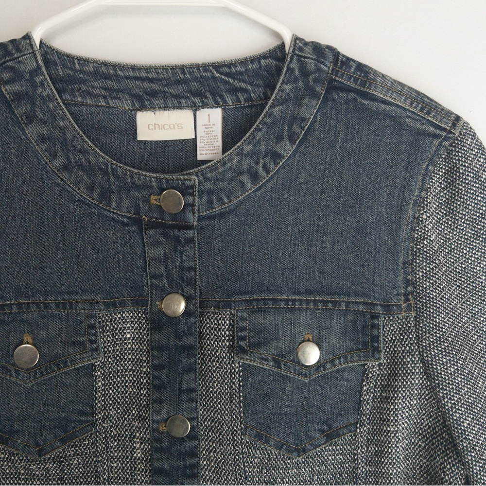 Chicos Unique Blue Jean Jacket Patchwork Denim Me… - image 5